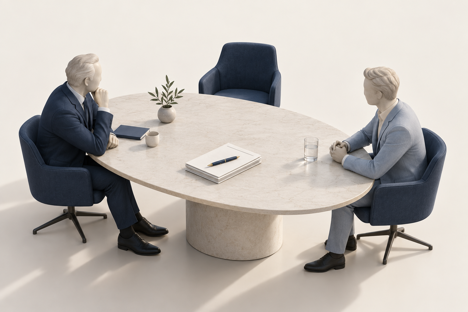 Cena ilustrativa: fundador e sucessor em uma mesa, documentos e uma cadeira vazia